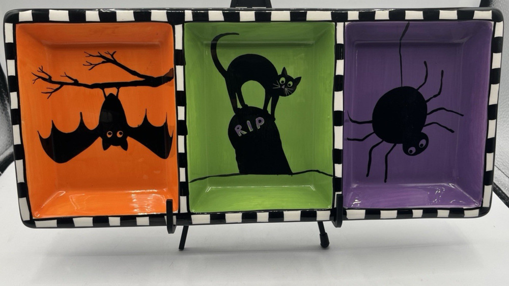 Halloween Ceramic 3 Section Serving Tray w Cute Spider Graphics 14"x7" Pre-owned